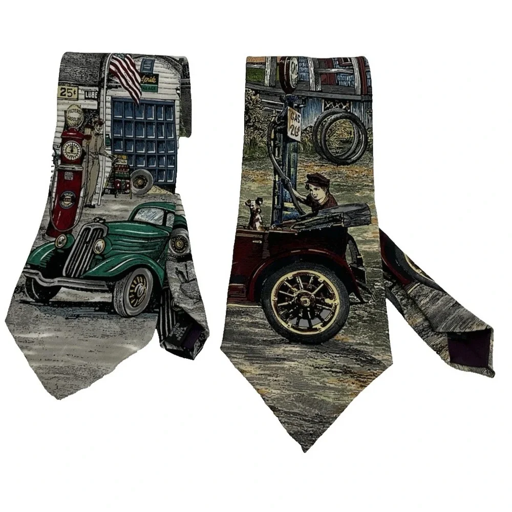 Vintage Tango Max Raab‎ Silk Tie Lot 2 Americana Series Gas Station Car 90s